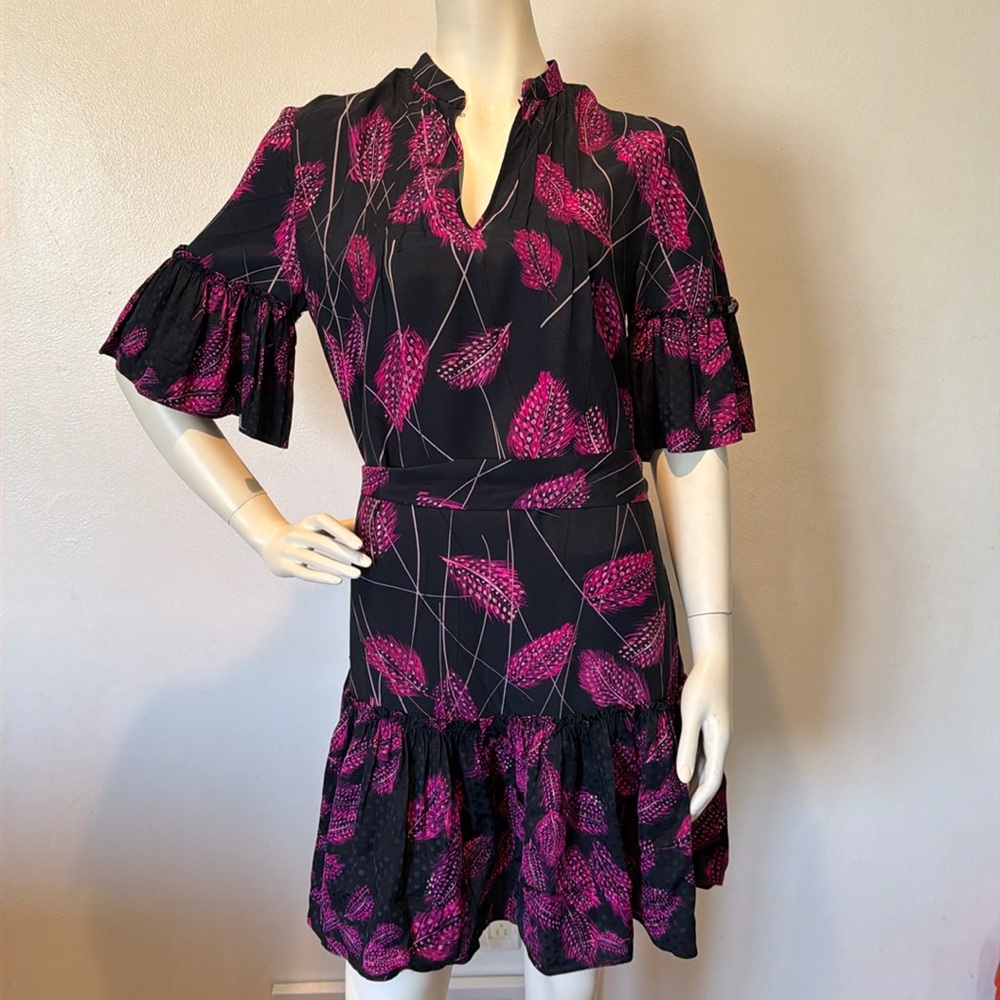 Reiss Marsali Belted Feather Print Dress Bell Sleeves Ruffled Hem Sz 4